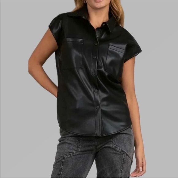 NWT Elan Black Faux Leather Florence  Sleeveless Button Down Collared Top S - Picture 2 of 8